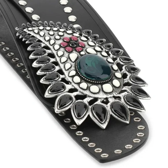 ISABEL MARANT Aliette Black Studded Leather Belt with Stone Accents NEW - 75cm - Picture 6 of 9